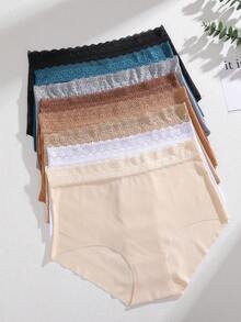 FINETOO 8pcs French Lace High Waist Women's Panties, Solid Color Seamless Bodycon Skin-Friendly Daily Triangle Shorts, Multi-Color - Multicolor - View 3