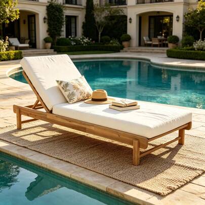Outdoor Adjustable Chaise Lounge Chair Wooden Frame Sun Lounger Bed Patio Pool Recliner Bed With Thick Cushion, Modern Luxury Garden & Poolside Furniture