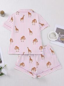2pcs/Set Women's Pajama Set, Giraffe Print, Women's Loungewear, Spring/Summer Holiday Outfit, Short Sleeve Top And Shorts Set - Pink - View 2