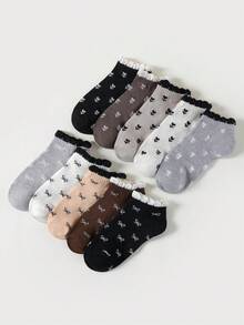 5/10 Pairs Girls Big Kids Spring Sweet Floral Bow Puff Cuff Short Socks - Multicolor - View 1
