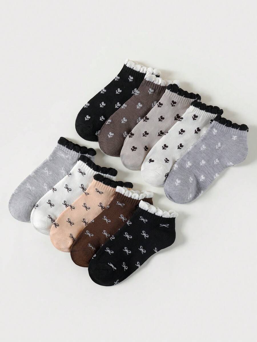 5/10 Pairs Girls Big Kids Spring Sweet Floral Bow Puff Cuff Short Socks - Multicolor - View 1