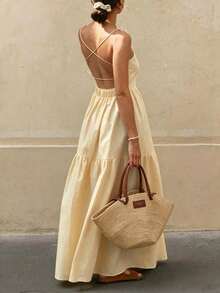 Vestido negro casual, de un solo color, sencillo y con tirantes de espagueti sin espalda para mujer - amarillo ganso - Ver 5