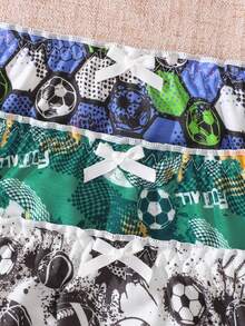 3pcs/Pack Soccer Print Plus Size Women's Panties, Frill Trim Bow Thin Comfortable Mid-Waist Triangle Underwear - Multicolor - View 5