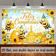 2D Flat Bee Theme Party Backdrop, " " Gold Spanish Blessing Text, Cartoon Bee Wearing Red Party Hat Holding Honey Spoon - Multicolor - View 3
