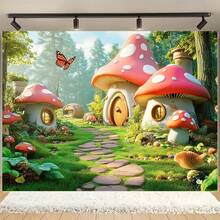 Magic Forest Fairy Tale Mushroom House Photography Backdrop, Multi-Functional Polyester Party Banner Suitable For All Seasons, Perfect For Garden And Room Decoration, No Electricity Required - Multicolor - View 3