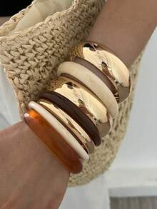 7/4/3pcs Vintage Elegant Casual Style Women's Brown Acrylic Marbled Round Bangle And Gold Metal Bracelet, Suitable For Summer Daily Wear, Party And Beach Vacation Travel - Multicolor - View 3