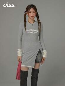 CHUU Women's 2 In 1 Patchwork Long Sleeve T-Shirt, Autumn Letter Print Split Hem Mid-Length Top - Grey - View 1