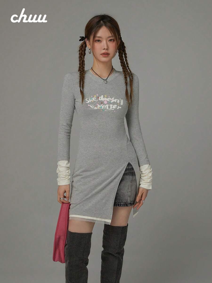CHUU Women's 2 In 1 Patchwork Long Sleeve T-Shirt, Autumn Letter Print Split Hem Mid-Length Top - Grey - View 1