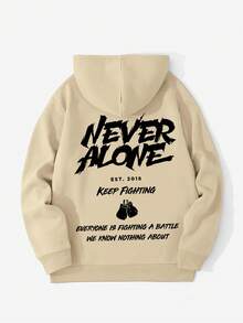 Men's Apricot Inspirational Slogan Hoodie NEVER ALONE Boxing Gloves Multi-Layer English Print Loose Drop Shoulder Drawstring Pullover Sweatshirt - Apricot - View 3