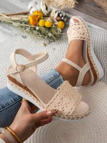 Women's Plus Size Wide Toe Box Beige Rope Wedge Platform Sandals, Hollow Ankle Strap Buckle Casual Vacation Shoes - Beige - View 3