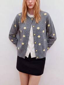 Women's Autumn Casual Minimalist Polka Dot Pattern 2 In 1 Knit Cardigan Jacket Fall - Light Grey - View 4