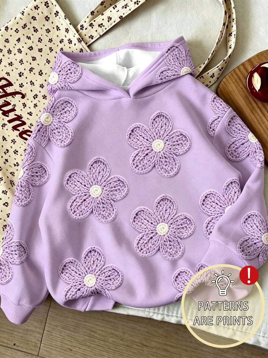 Young Girl Cartoon Pattern Warm Hooded Sweatshirt - Purple - View 1