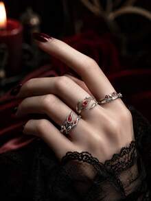 3er/Set Dunkler Gothic-Stil Unregelmäßiger Roter Strass Offener Ring Set Geeignet für Männer und Frauen zum Outfit in der Schulanfangszeit, Feiertagszeit, Halloween - Verschiedenfarbig - Übersicht 2