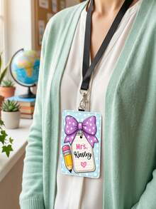 1pc Custom Teacher Name ID Badge Holder Lanyard,Personalized Pencil Apple Bow Crayon Doodle Card Sleeve,Teacher Appreciation Gift,Back To School Gift - Multicolor - View 8