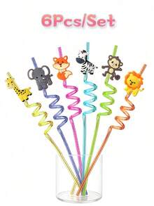 6pcs/Set Creative Multi-Color Transparent Animal Themed Straws, Reusable Jungle Animal Plastic Straws | Suitable For Lion, Fox, Zebra, Giraffe Wildlife Zoo Birthday Party Supplies, Forest Party Gift Decoration - View 1