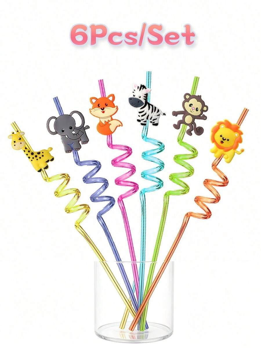 6pcs/Set Creative Multi-Color Transparent Animal Themed Straws, Reusable Jungle Animal Plastic Straws | Suitable For Lion, Fox, Zebra, Giraffe Wildlife Zoo Birthday Party Supplies, Forest Party Gift Decoration - View 1