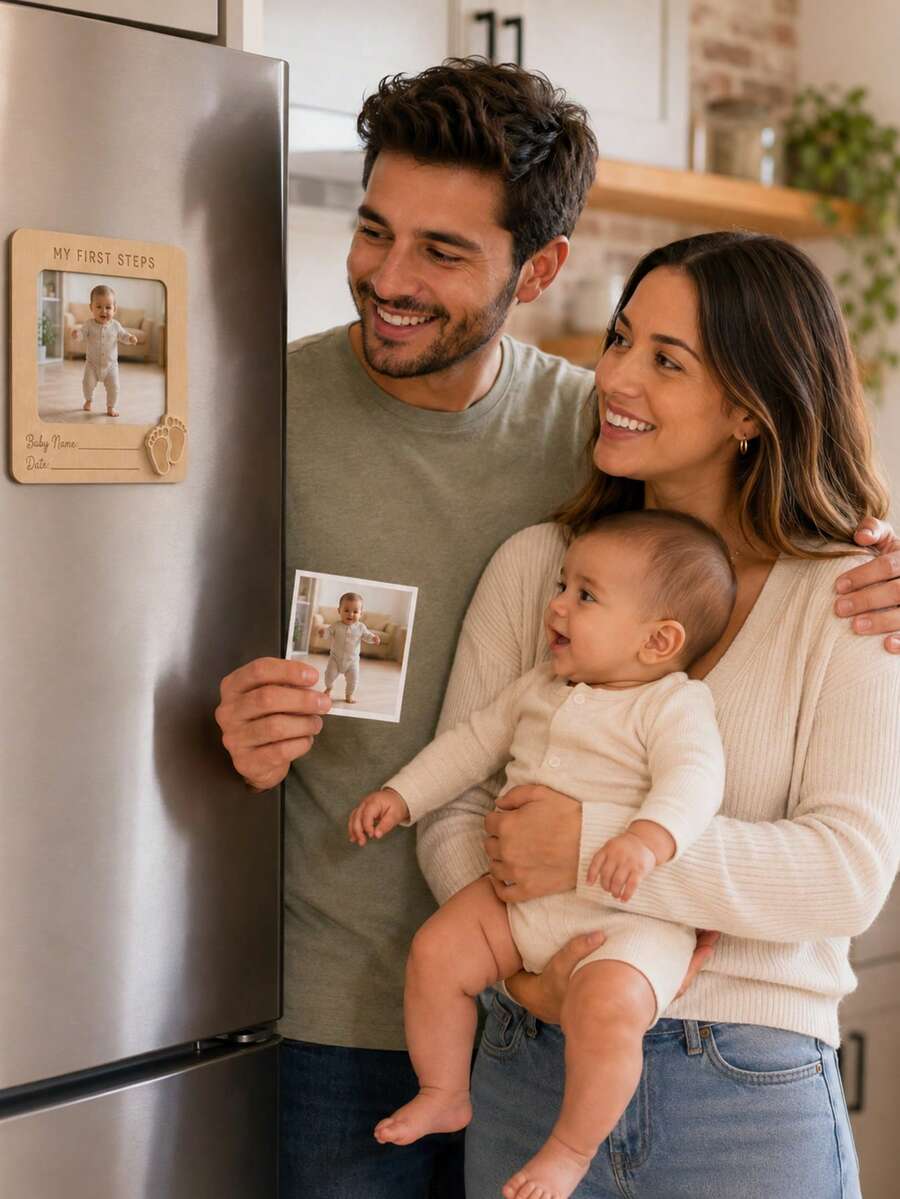 My First Steps Baby First Walk Growth Commemorative Photo Frame, Wooden Magnetic Fridge Photo Display Frame, Baby Milestone Commemorative Plaque, Customizable Baby Name/Date, Suitable For Baby First Birthday, Growth Record, Family Memory Display, Baby Shower Gift, Parents Commemorative Gift, New Parents Gift, Children Photo Decor, Fridge Decoration, Party Souvenir, Popular Style In Europe, America And Mexico - Multicolor - View 1