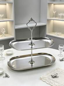 1pc Stainless Steel Oval Double Layer Cake Stand, Fruit Plate, Dessert Stand, Cake Stand, Oval Bread Plate, Cake Tower, Party Cupcake Display Tower, Dessert Display Stand, Suitable For Birthday, Party, Wedding, Afternoon Tea, Desktop Storage Rack, Multi-Layer Dessert Storage Rack, Gold And Silver Optional, Food Tray, Snack Tray, Cake Stand Tray - Silver - View 3