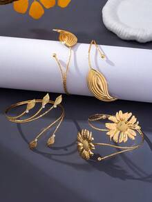 1pc Vintage Metal Sunflower Leaf Open Arm Cuff Bracelet, Niche High-End Style, Vacation Hot Girl Arm Accessory - Golden Yellow - View 4
