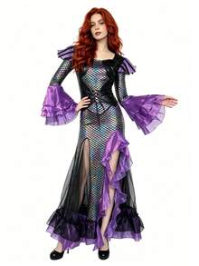 Women's Mermaid Sequin Dress With Ruffle Sleeves And Slit Design, Suitable For Halloween Cosplay - Purple - View 1