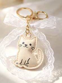 Cute PU Leather Cartoon Cat Keychain Bag Charm Pendant, Creative Personalized Gift Decoration, Versatile Cartoon Design, Suitable For Bag Decoration And Women's Car Key Accessory, Available In Coffee And Beige Colors, Fun Gift For Family And Friends - Multicolor - View 6