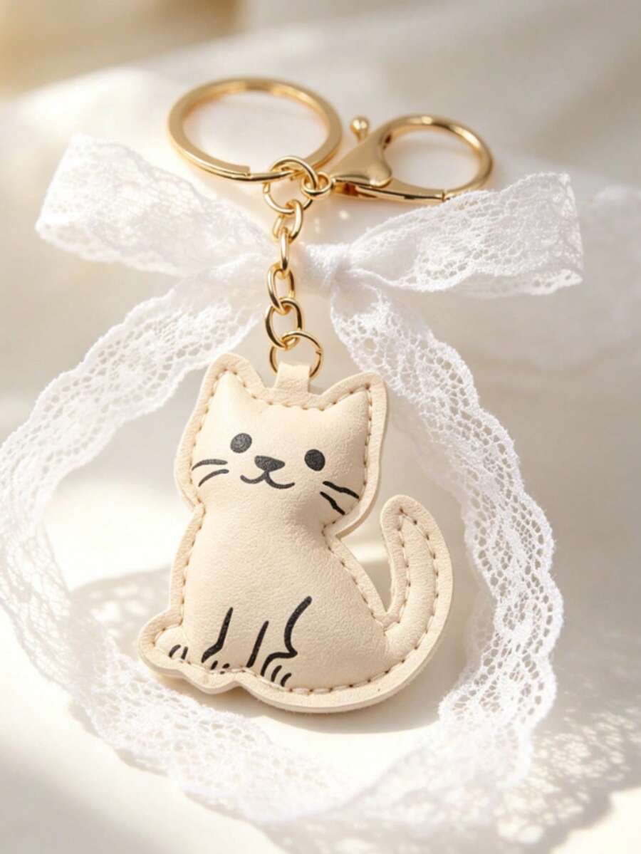 Cute PU Leather Cartoon Cat Keychain Bag Charm Pendant, Creative Personalized Gift Decoration, Versatile Cartoon Design, Suitable For Bag Decoration And Women's Car Key Accessory, Available In Coffee And Beige Colors, Fun Gift For Family And Friends - Multicolor - View 1