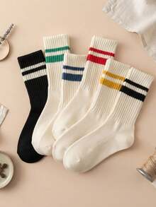 1/5 Pairs Men's Striped Mid-Calf Socks, Comfortable Breathable Moisture-Wicking Sports Socks, Couple Socks, Unisex, Suitable For Daily Wear, Sports, Back To School Season, Random Color - Multicolor - View 4