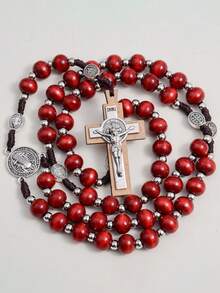 1pc Handmade Red Rosary Necklace, Vintage St. Benedict Cross Pendant Necklace, Christian Gift, Handwoven Necklace - Brownish Red - View 2