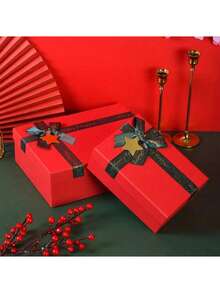 Christmas, New Year Holiday Multi-Piece Red Gift Boxes Set With Dark Green Ribbon Bows And Star Ornaments, Suitable For Indoor Living Room, Fireplace, Tabletop, Yard Gate, Christmas Tree And Other Holiday Decoration Gift Packaging - View 6