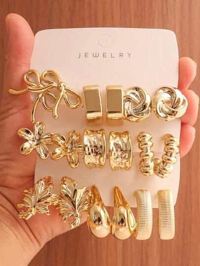 3 Pairs/9 Pairs Sweet French Style Gold Earrings Set, Bow Flower Leaf Knot C-Hoop Combination, Vintage Niche Elegant Earrings, High-End Metal Style Accessories, Versatile For Daily Commute, Party, Date, Layered Wear With Atmosphere, Gentle Personalized, Unique Design