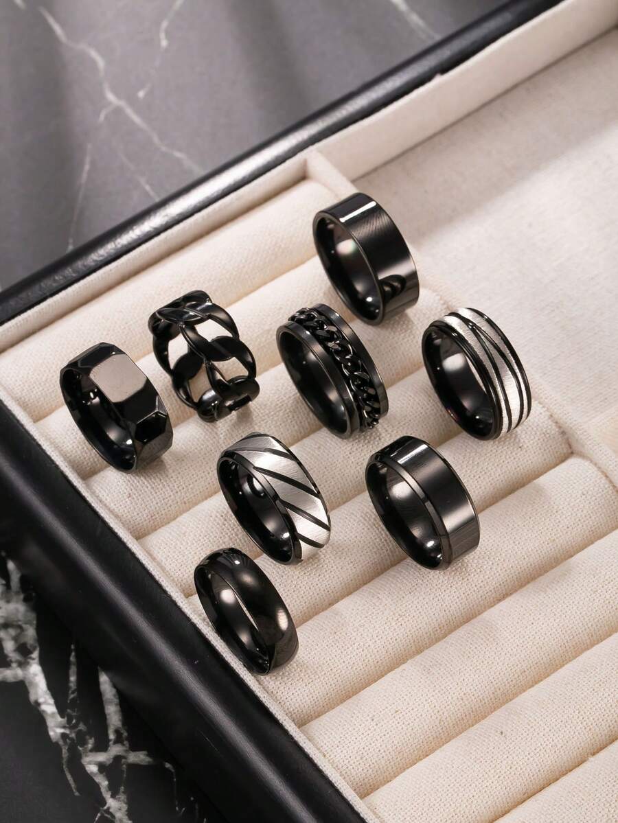 8pcs Black Stainless Steel Rings, Gothic Rings, Textured Matte Rings, Patterned Rings, Outdoor Rings, Suitable For Daily Wear, Gift For Boyfriend, Gift For Classmate, Selected Gift - Black - View 1