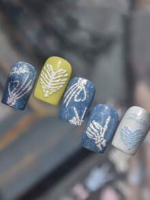 1片 5D 浮雕骷髏美甲貼紙，柔和色調骷髏手勢美甲貼花，自黏式哥德風可愛美甲貼 - 彩色 - 查看 6