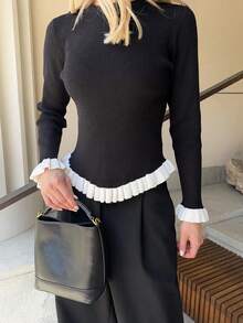 Yepolly-Pop Atasan Rajut Bergaris Musim Gugur/Musim Dingin Wanita, Sweater Lengan Panjang dengan Hiasan Ruffle Hitam, Pakaian Kasual untuk Kantor - Hitam dan Putih - View 9