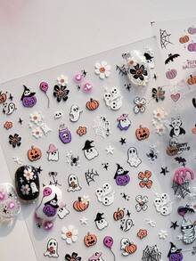 1pc 5D Embossed Nail Stickers, Dark Style Pink Pumpkin Head Halloween Ghost Nail Art Decals, Self-Adhesive Nail Decoration DIY Accessories - Multicolor - View 4
