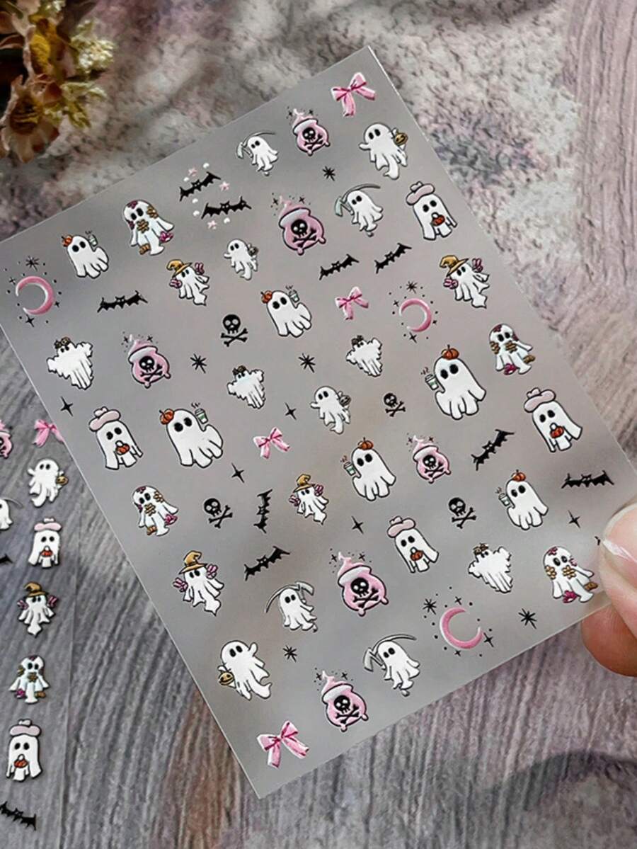 1片 3D浮雕骷髏美甲貼紙,馬卡龍色骷髏手勢美甲貼花,自黏式哥德風可愛美甲貼 - 彩色 - 查看 1