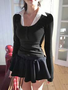 Colorblock Patchwork Faux Two-Piece Long Sleeve T-Shirt - Black - View 4