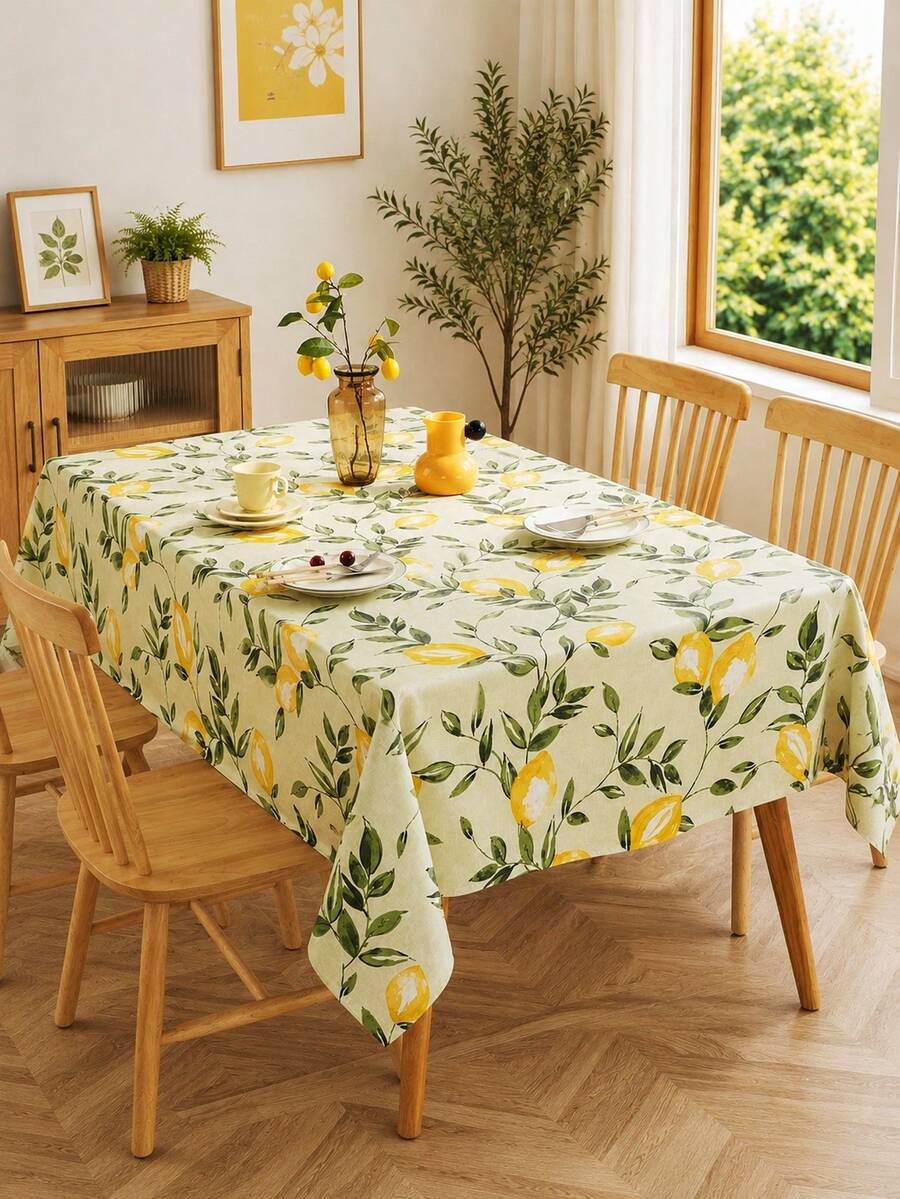 1pc Fresh Lemon Print PVC Laminated Non-Woven Tablecloth, Waterproof Oilproof Wipeable Rectangular Table Cover, For Dining Room, Picnic, Birthday Party, Spring Party, Easter & Thanksgiving Decor - A - View 1