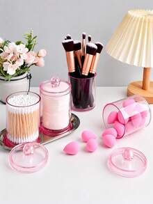 1/2/3/4 PCS Pink Acrylic Bathroom Organizer Set With Lids, Clear Vanity Storage Containers For Cotton Swabs, Cotton Pads, Makeup Brushes, Beauty Sponges, Cosmetic Counter Organizer, Makeup Desk Accessories - Multicolor - View 5