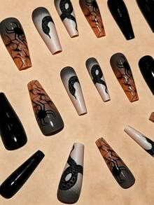 24pcs Long Coffin Press-On Nails, Halloween Press-On Nails, Nail Tips Suitable For Party Nails, Halloween Nails, Halloween, Halloween Gift Suitable For Women And Girls, Includes 1 Nail File And 1 Piece Jelly Glue. 1 Box Halloween Style - Multicolor - View 4