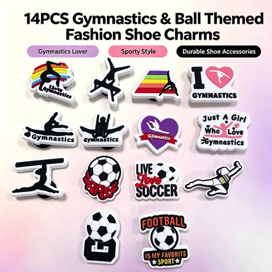 14 piezas de adornos para zapatos de gimnasia y fútbol con estilo enérgico, PVC brillante premium sin olor, adornos multifuncionales para atuendos deportivos diarios de niñas - Multicolor - Ver 1