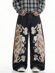 Justice Brother 1pc Hong Kong Style Graphic Print Men's Loose Wide Leg Denim Jeans, All Season Versatile Long Pants (Belt/Accessories Not Included) - Black - View 7