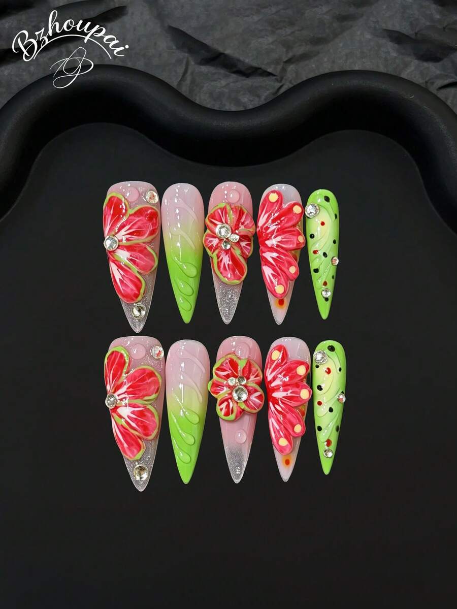 LIVENTO 10pcs/Set Summer Flower Long Pointed Press On Nails, Pink Jelly Green Ombre Handmade Press On Nails With Sparkle Rhinestone Decor, Fake Nails For Women. - A-003 - 查看 1