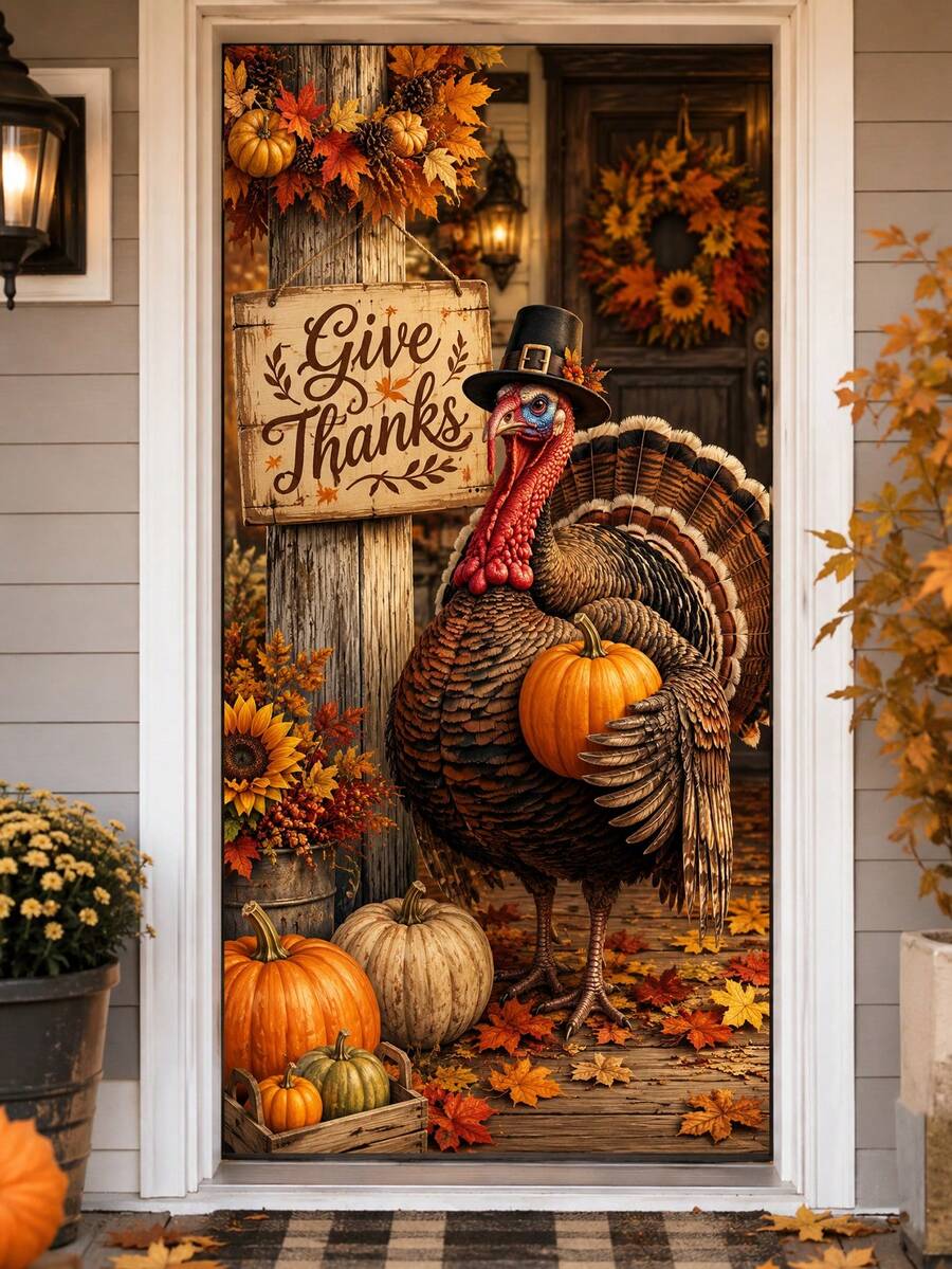 1pc Thanksgiving Turkey Door Curtain Backdrop, Give Thanks Pumpkin Maple Leaf Sunflower Print Polyester Vertical Door Banner, Suitable For Entryway, Front Porch, Farm Theme Party And Autumn Home Decor, Multiple Sizes Available - A - View 1