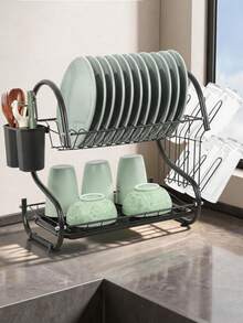 2-Tier Black Kitchen Dish Rack And Utensil Storage Rack, Rust-Proof Metal Material, With Automatic Drainage Tray, Built-In Cutlery Holder, For Drying Plates And Bowls, Space-Saving Kitchen Countertop Organizer - A - View 1