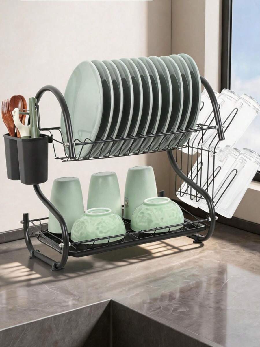 2-Tier Black Kitchen Dish Rack And Utensil Storage Rack, Rust-Proof Metal Material, With Automatic Drainage Tray, Built-In Cutlery Holder, For Drying Plates And Bowls, Space-Saving Kitchen Countertop Organizer - A - View 1