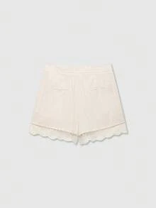 女款中腰百褶蕾絲飾邊休閒短褲 夏季 - 米色 - 查看 2