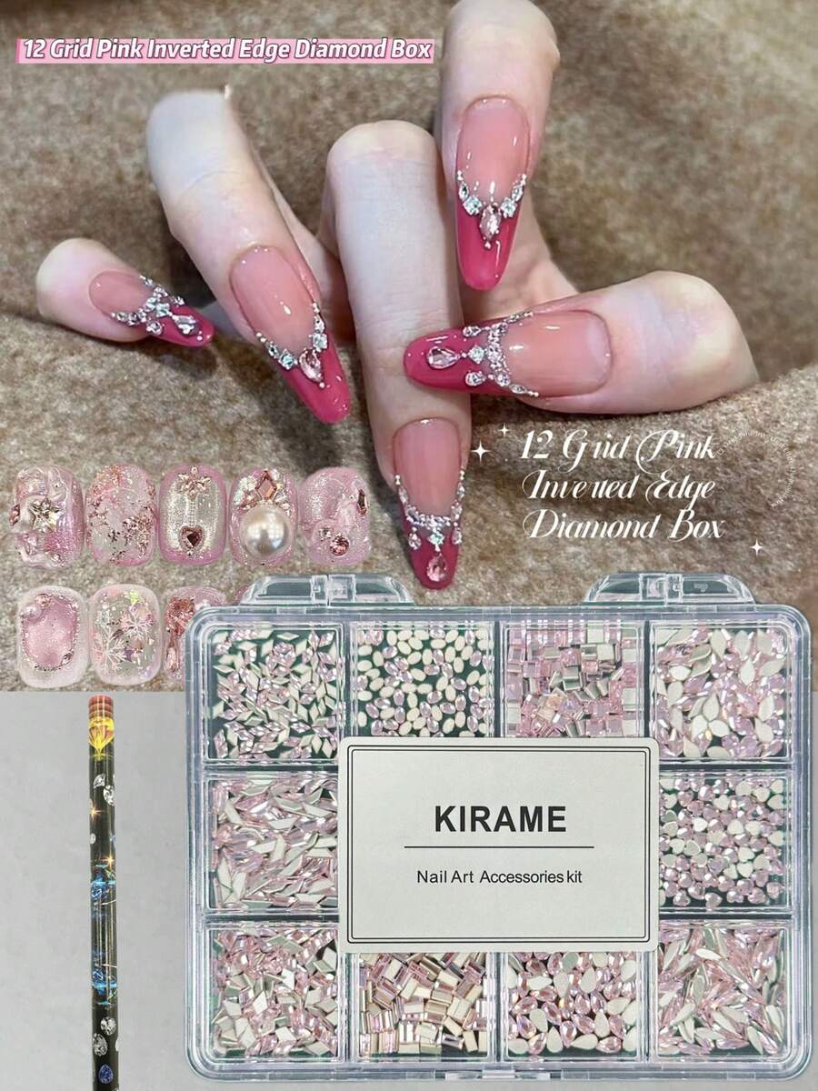 KIRAME 960顆平底粉色水鑽美甲裝飾－12款DIY美甲套組，含1件點繪工具、1-5mm閃亮美甲鑽飾，適合美甲沙龍、美甲供應商、美甲用品，聖誕節、萬聖節、旅行與夏季美甲，節日禮物美甲飾品