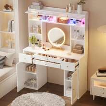 20 X 40 X 160 Cm Dressing Table / With Mirror And LED Lighting / Dressing Table Made Of MDF Panels / 4 Drawers / Open Shelf / For The Bedroom / White - White - View 7