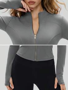 NcmRyu Women's 1pc Metal Zipper Small Stand Collar Thumb Hole Long Sleeve Slim Fit Sports Jacket - Grey - View 4