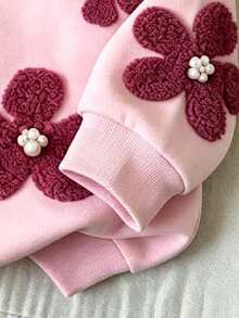 Young Girl Floral Pattern Warm Hooded Sweatshirt - Pink - View 4
